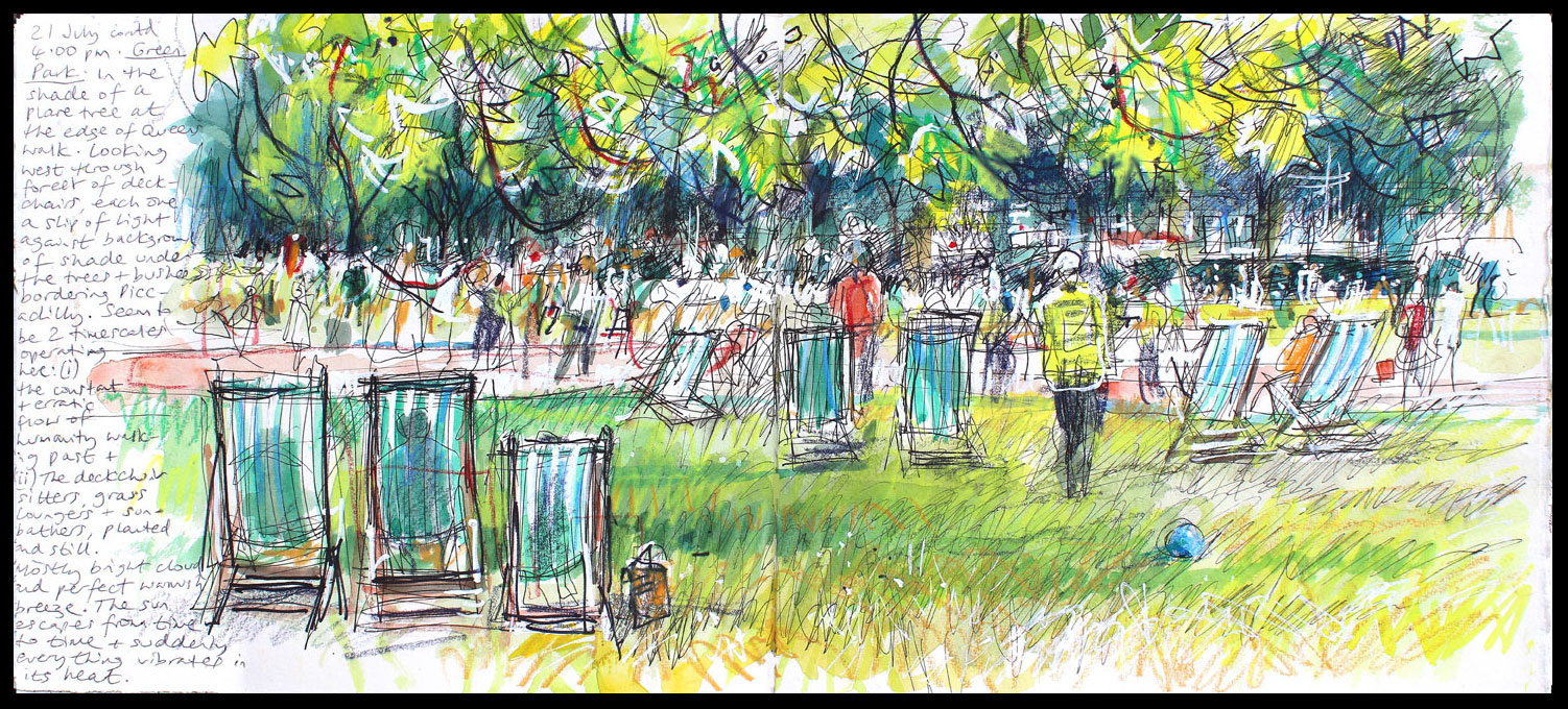 002. 'Green Park 21 07 16'. Mixed media sketchbook drawing..